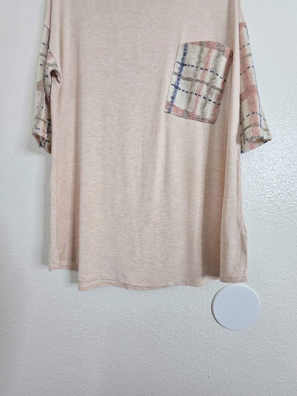 Ces Femme Womens Plaid Contrast Sleeve Pocket Top Medium Blush Pink - Picture 4 of 13